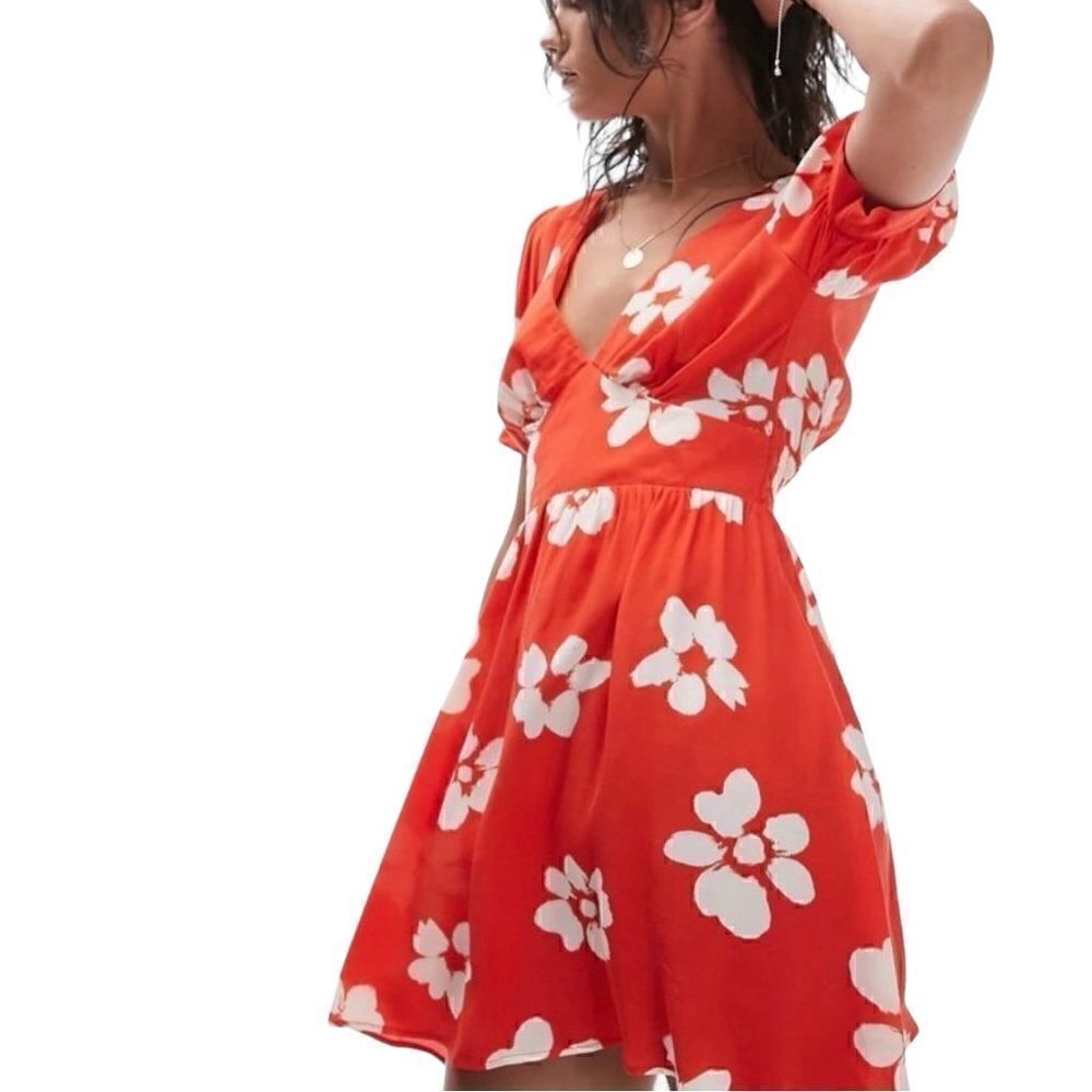 Topshop piped V-neck dress orange/white floral Size 8
